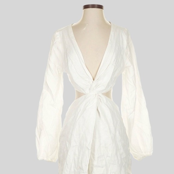 DISSH Tina White Linen Twist Mini Dress Size 4 Cutout Long Sleeve V-Neck - Picture 6 of 15
